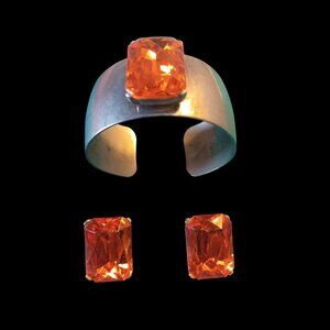 VTG Modernist Silver-Tone Cuff Bracelet & Earrings Set Orange Gemstone Clip-Ons